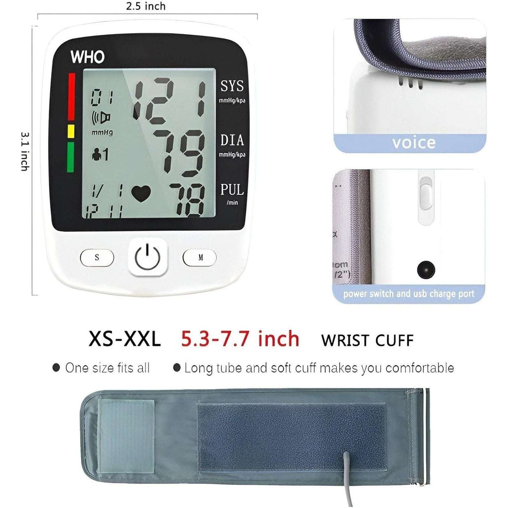 Wrist Blood Pressure Monitor Automatic BP Machine Cuff LED Heart Rate W/ Voice