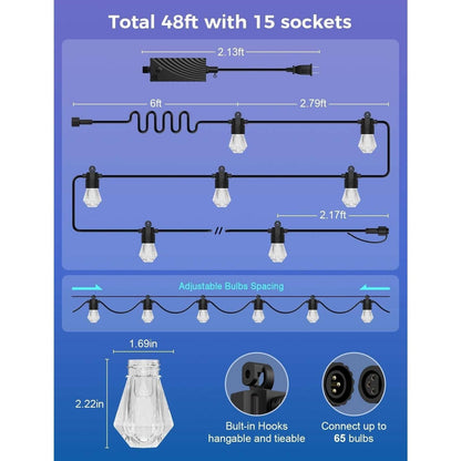 XMCOSY+ 48ft RGBCW Smart Outdoor String Lights, App Control, Alexa, Waterproof