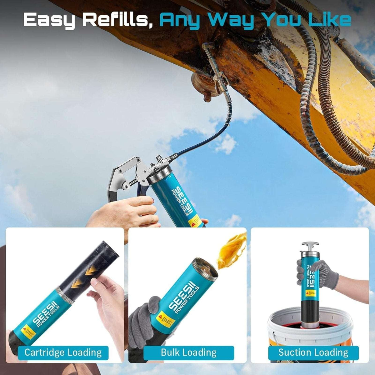 8000PSI Heavy Duty Pistol Grip Grease Gun Kit 90°Adapter Flex Hose 14oz Capacity