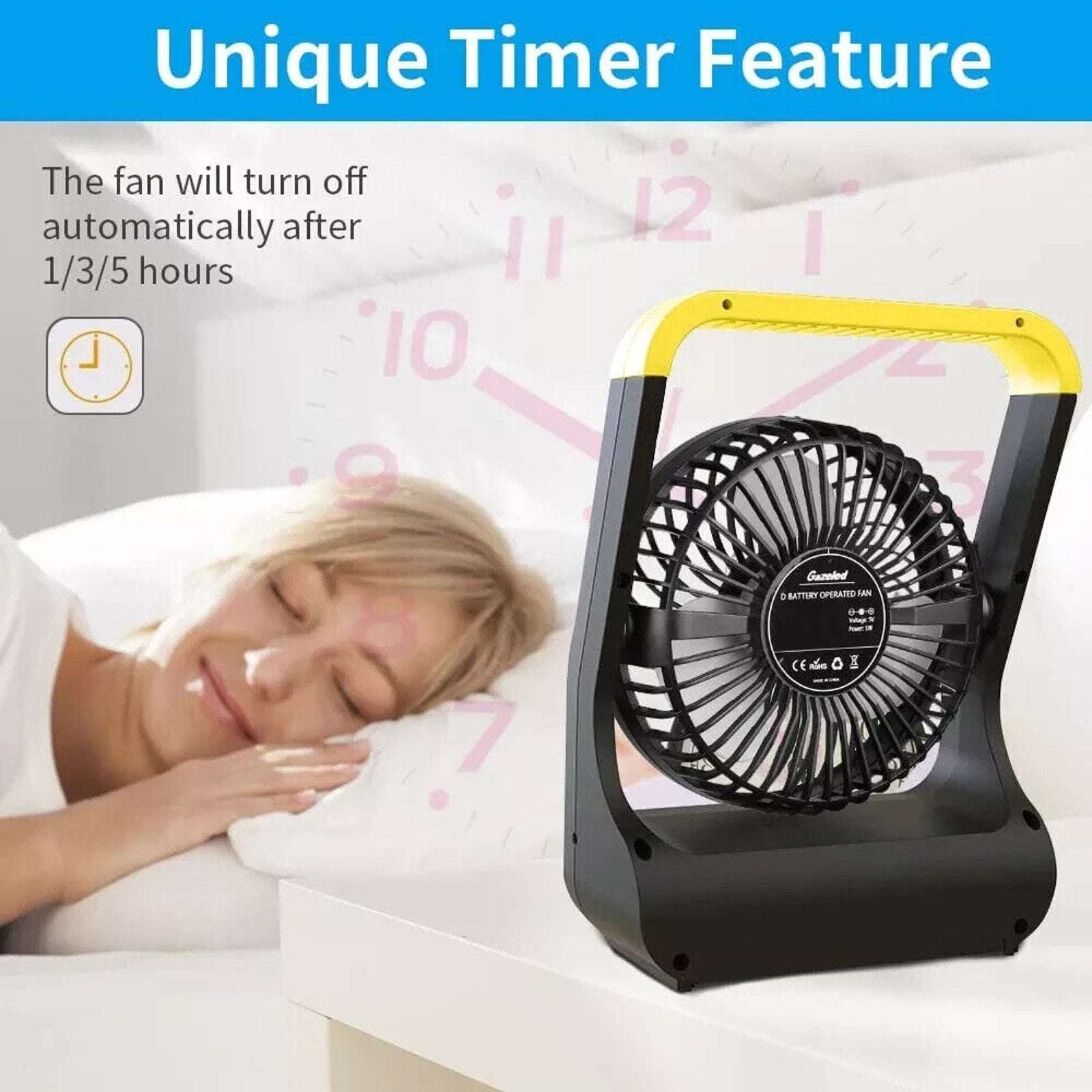 Battery Powered Fan, Portable Camping Fan w 3 Speeds Quiet 180° Rotation & Timer