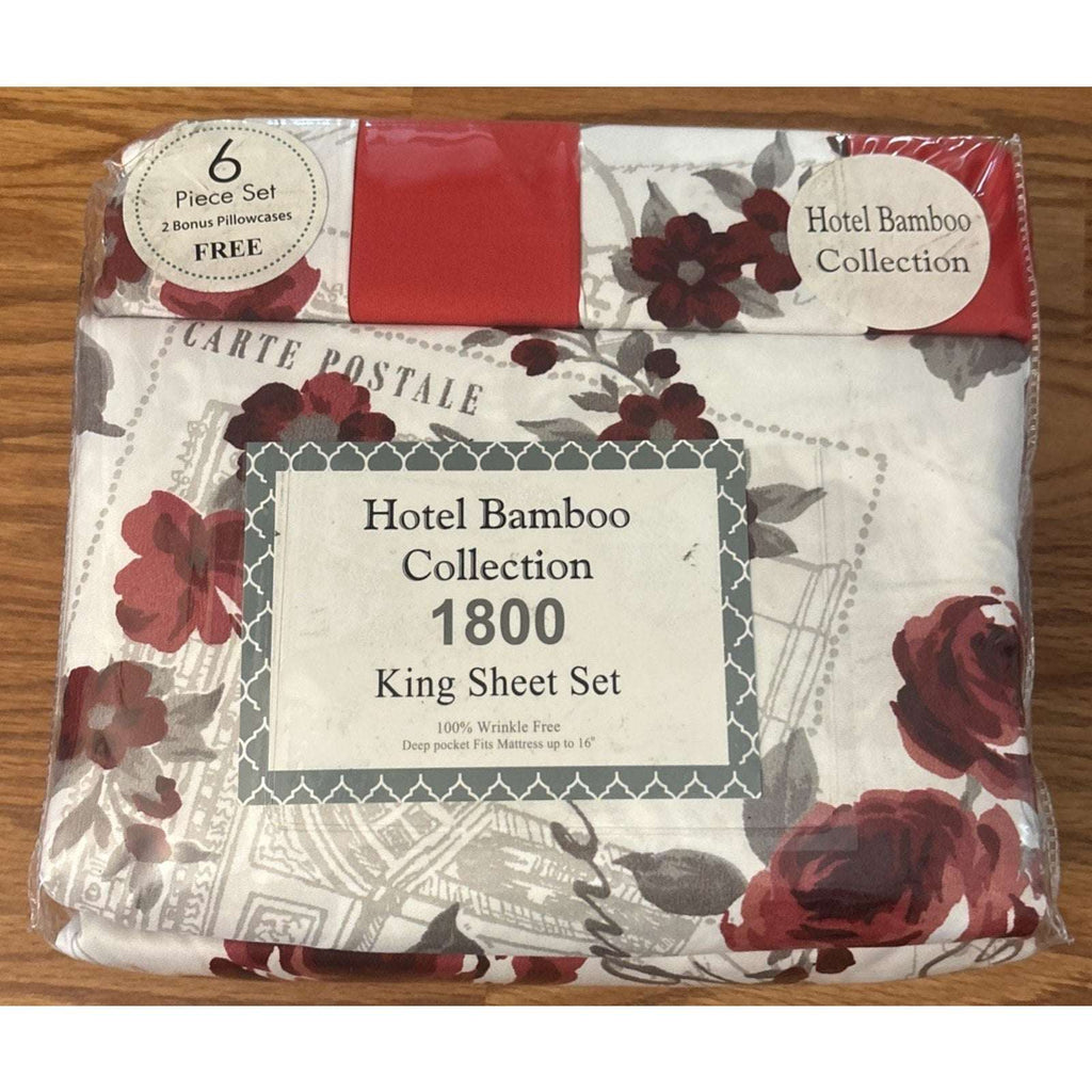 Hotel Bamboo Collection 1800 6-Piece KING Sheet Set Deep Pocket Red Multi Floral