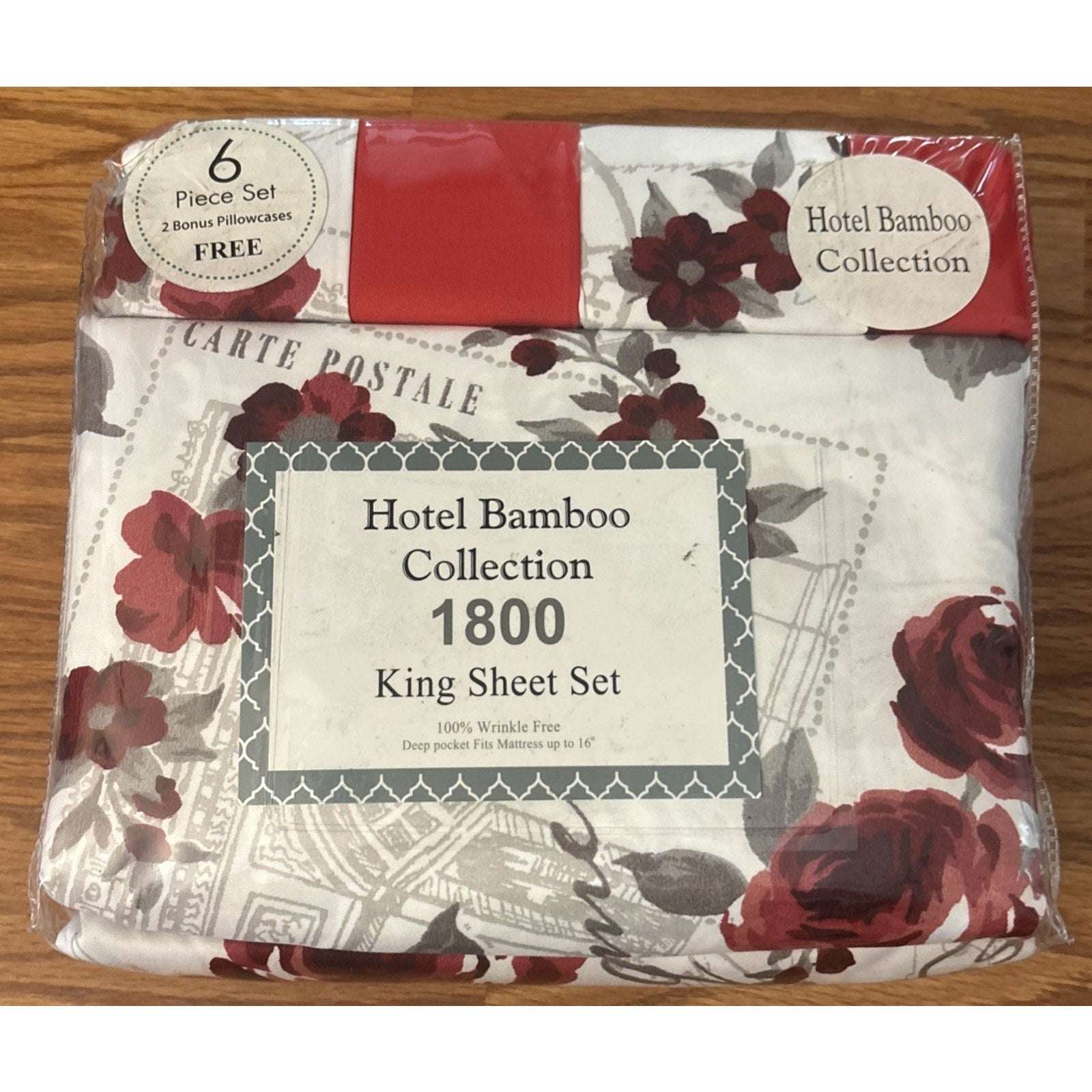 Hotel Bamboo Collection 1800 6-Piece KING Sheet Set Deep Pocket Red Multi Floral