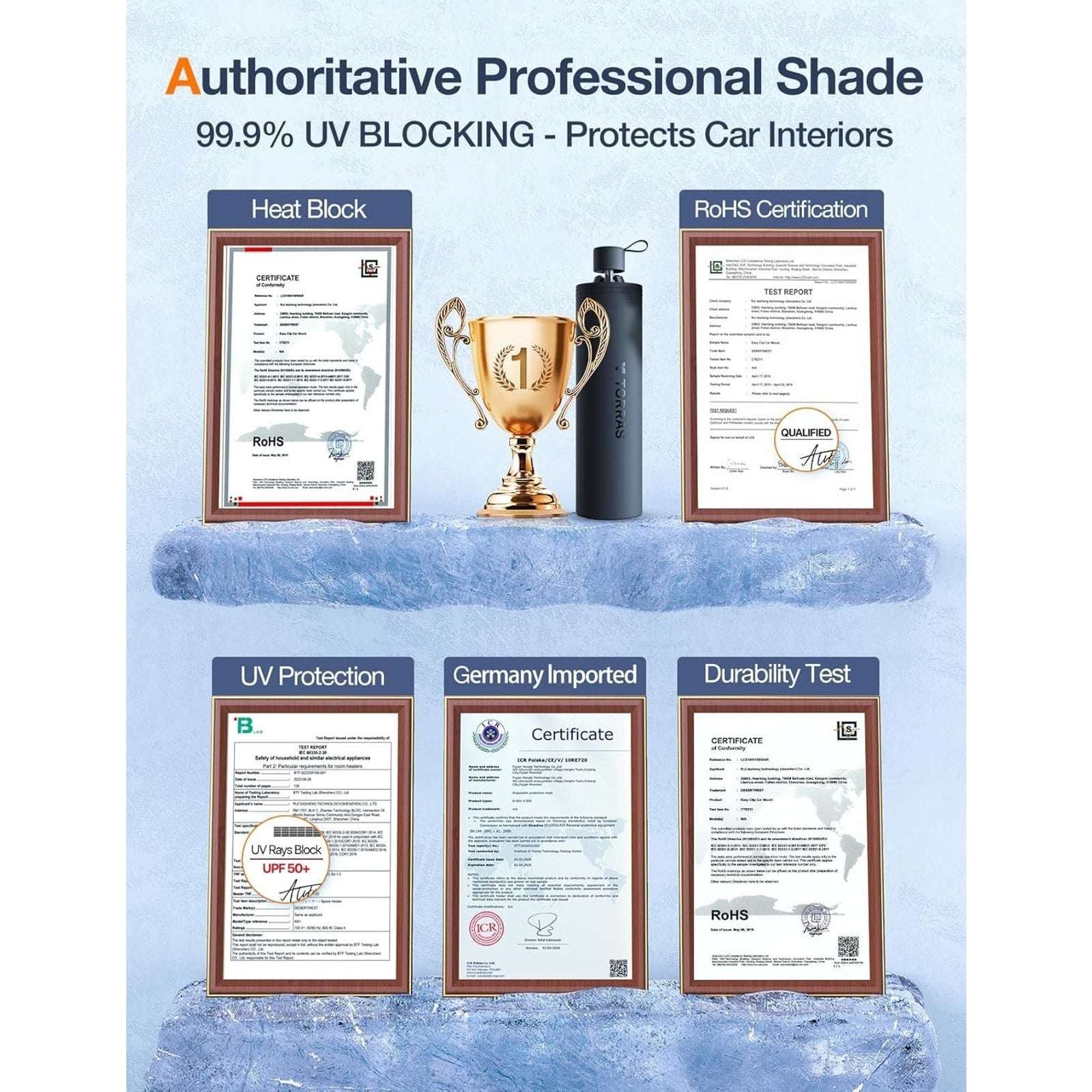 TORRAS Car Windshield Sun Shade Umbrella w Organizer - Universal Beige Blocks UV