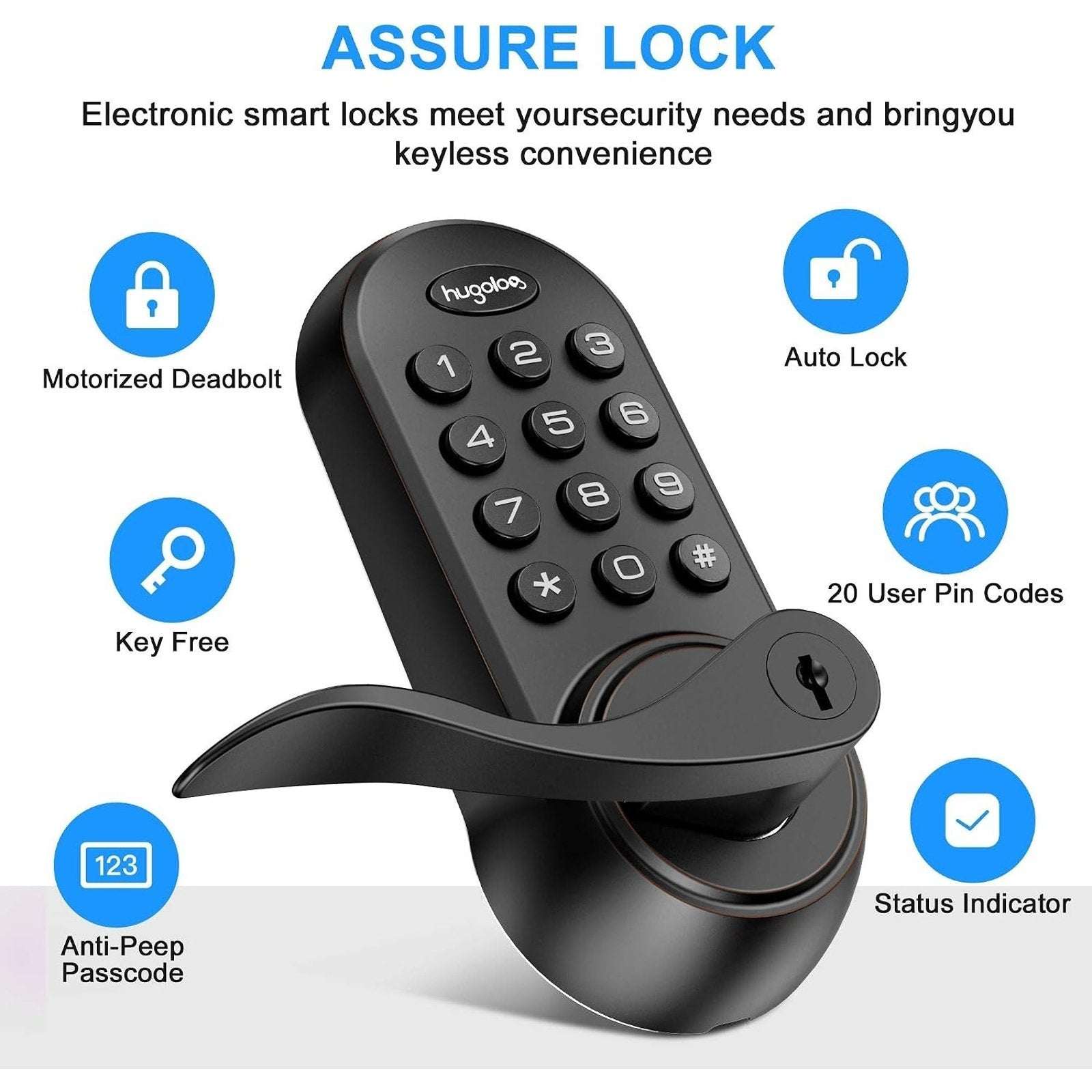 Hugolog Electronic Touchpad Digital Deadbolt Door Lock with Handle HU02 Black