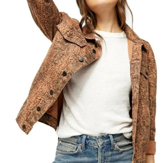 Free People Trucker Brown Snake Print Denim Jacket Size M Medium