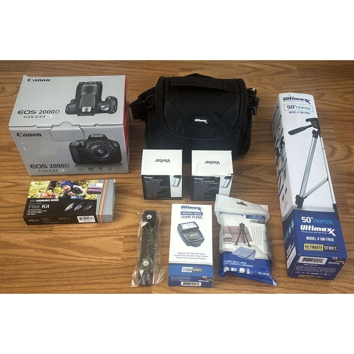 Canon EOS 2000D / Rebel T7 EF-S 18-55mm III Lens Kit + Filters, Lens, Bag & More