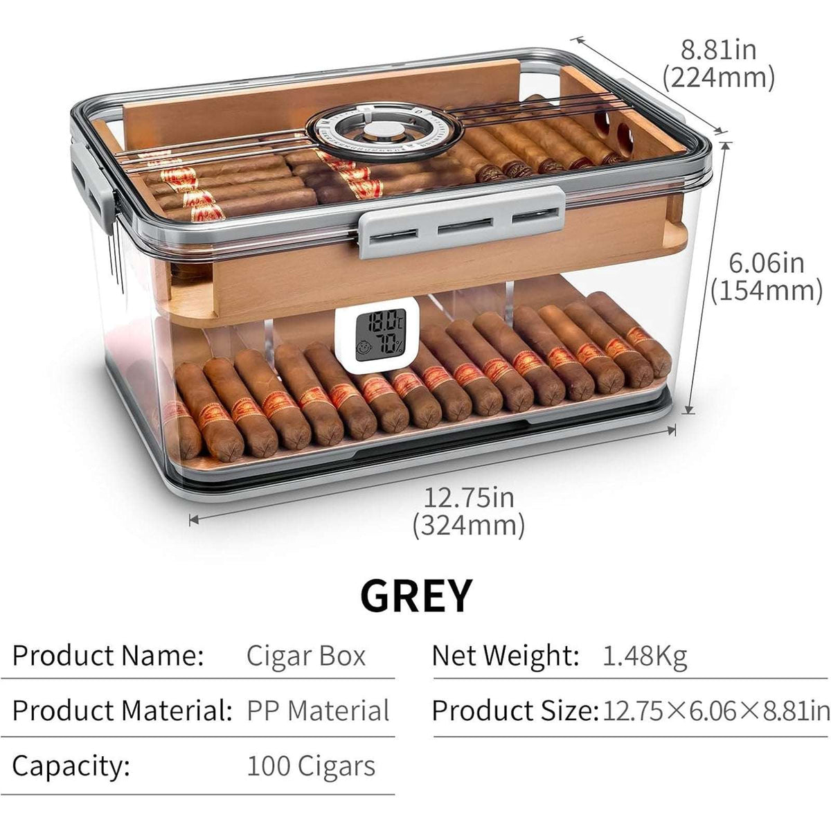 100 Cigar Humidor Clear Acrylic Spanish Cedar Shelf Age Dial Digital Hygrometer