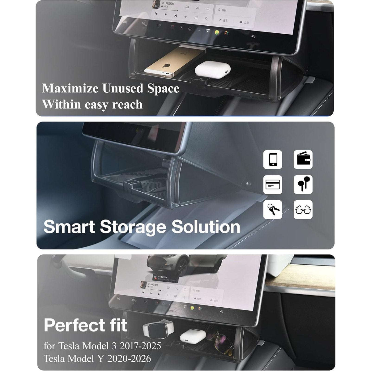 Hidden Under Screen Storage Organizer Tesla Y/3 Model Y Juniper Model 3 Highland