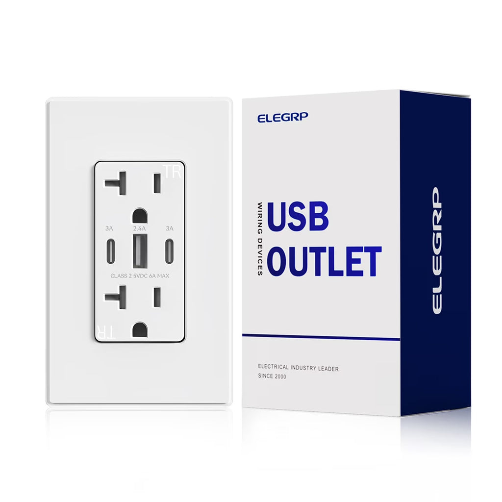 30W 6.0 Amp 3-Port USB Wall Outlet 20A Duplex Receptacle w/ Dual Type C & A Port