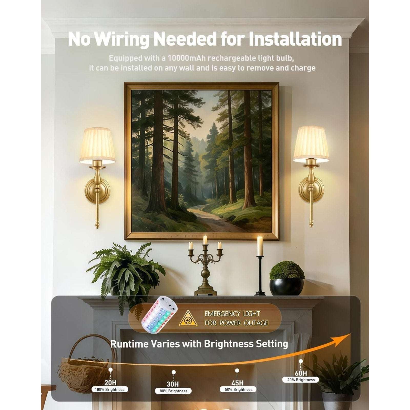 Battery Operated Wall Sconce Set of 2, Vintage Gold Wireless Rechargeable Lights