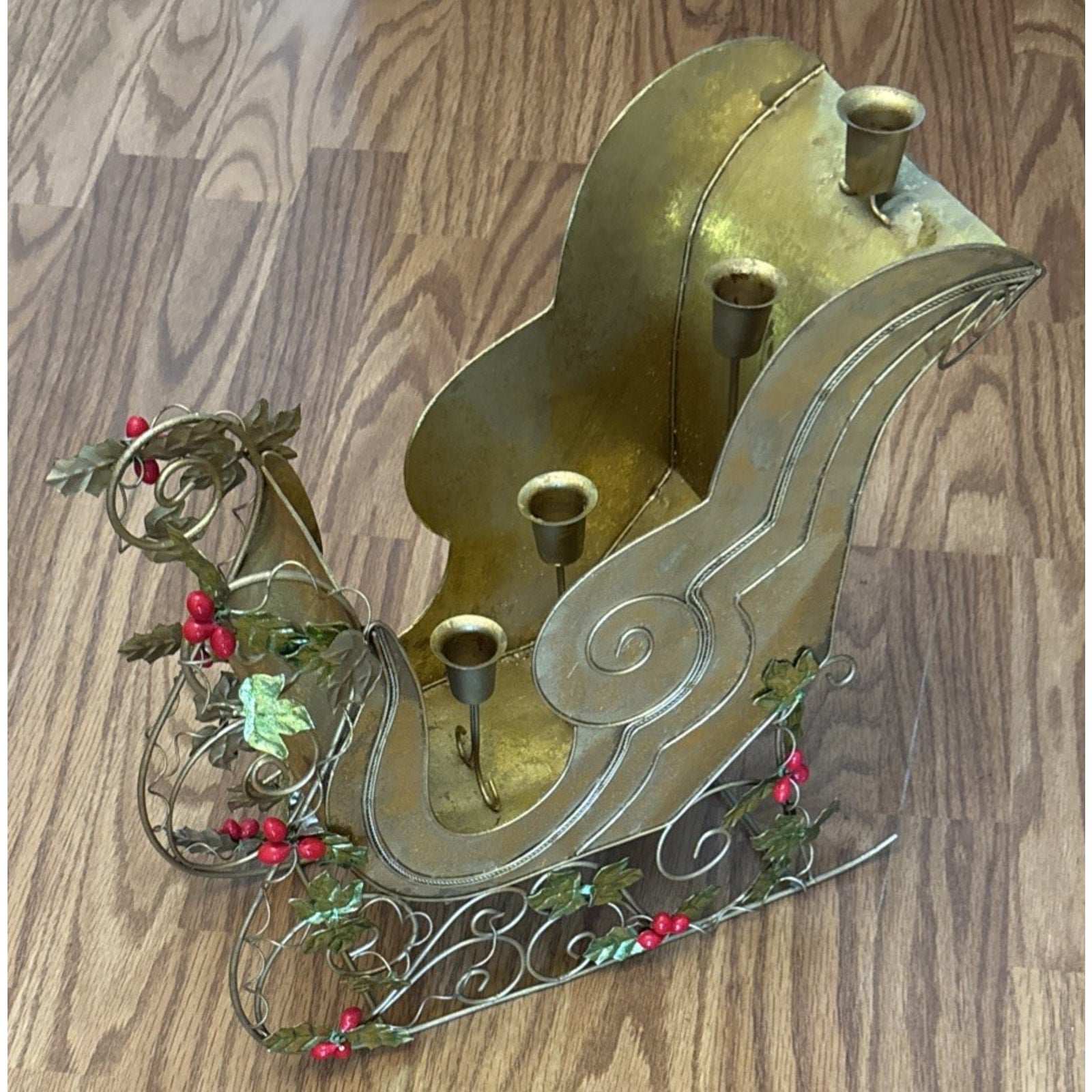 Vtg Metal Gold Sleigh Christmas Decoration Centerpiece 5 Taper Candle Holder