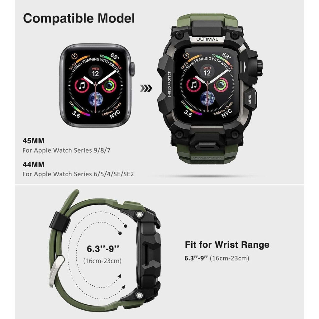 ULTIMAL Rugged Shockproof Case +Band for Apple Watch 45mm Series 9/8/7 ArmyGreen