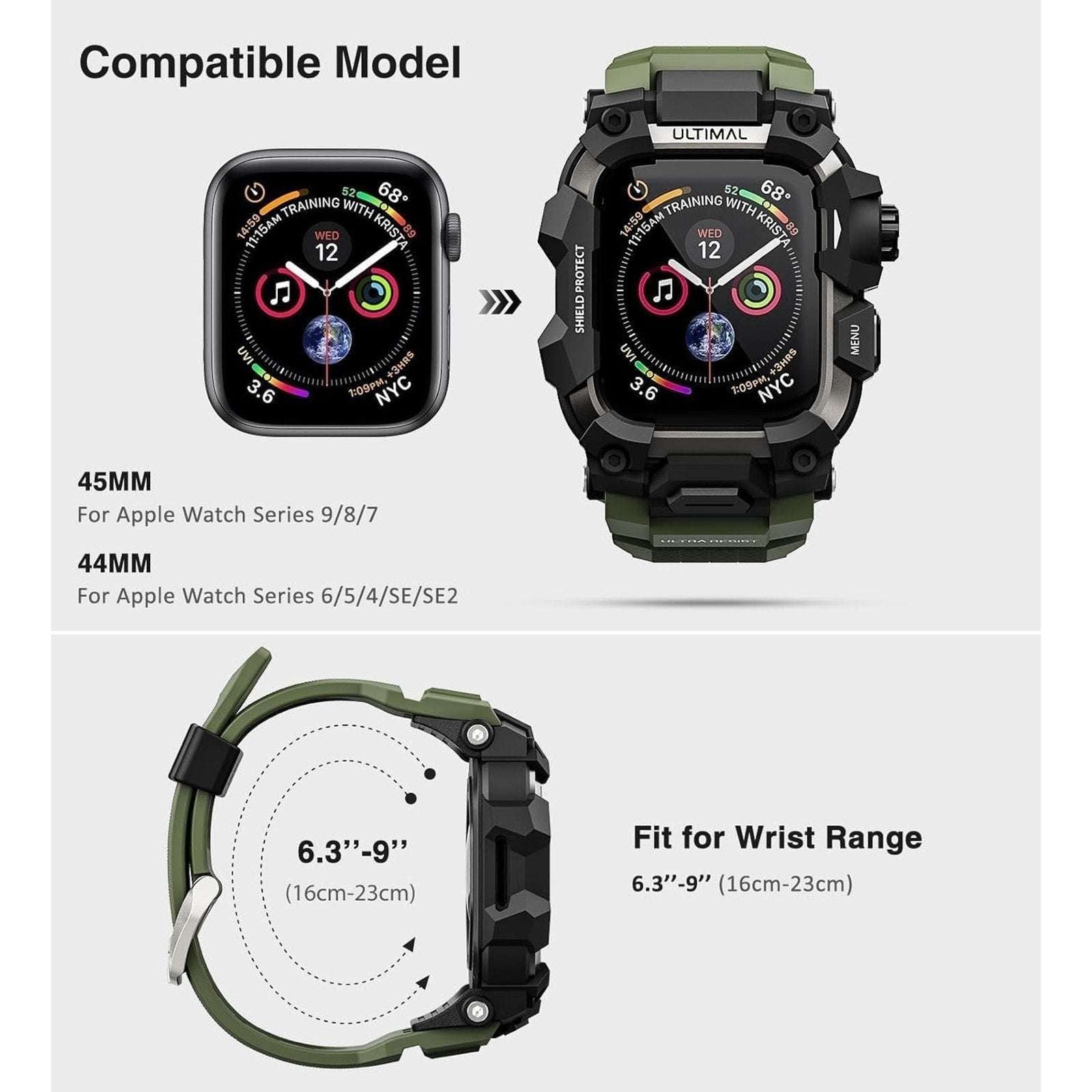 ULTIMAL Rugged Shockproof Case +Band for Apple Watch 45mm Series 9/8/7 ArmyGreen