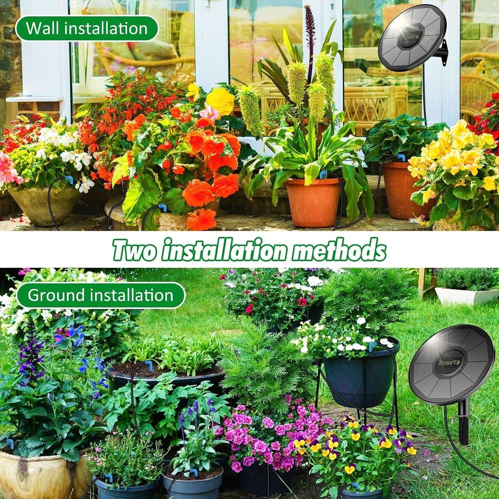 50' Automatic Drip Solar Irrigation System Plant Watering w/ Split Timer 15 Pots