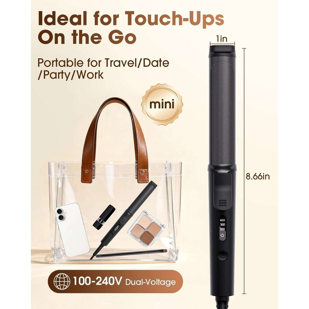 Mini Travel Curling Iron 1" 100~240V Dual Voltage, 30S Heat-Up, 3 Temp Settings