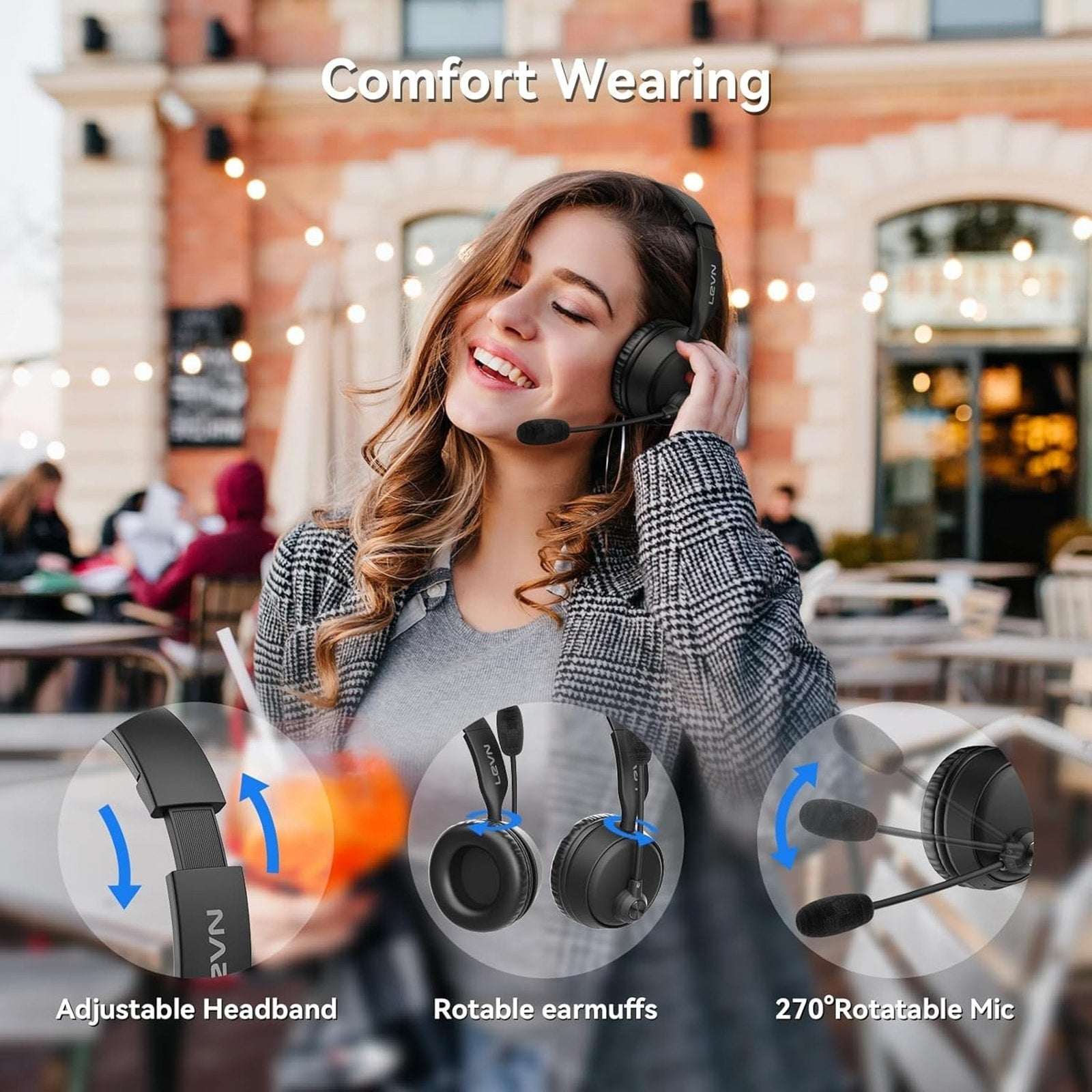 LEVN Bluetooth Headset w/ Microphone, Ai Noise Cancelling Dual Connection CT003