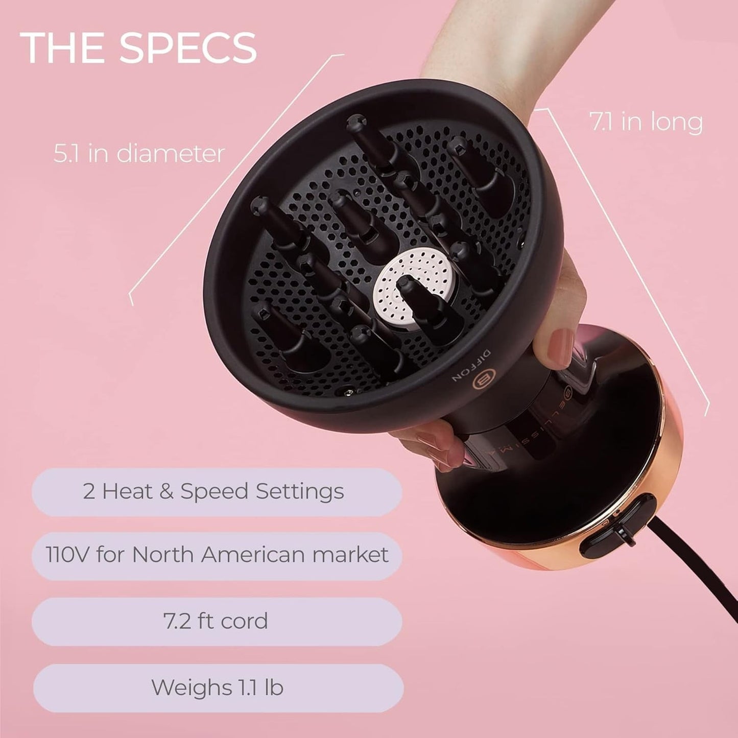 Bellissima Italia Diffon Hair Blow Dryer Diffuser for Curly Hair Rose Gold G5604