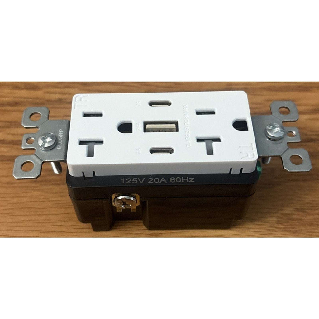 30W 6.0 Amp 3-Port USB Wall Outlet 20A Duplex Receptacle w/ Dual Type C & A Port