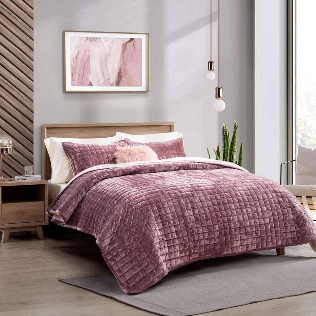 RECYCO Luxury Velvet Quilt Set Full Queen Size Bedding Ultra Soft in Dusty Mauve
