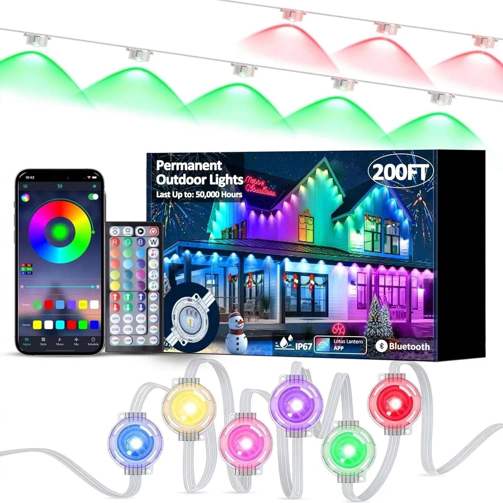 200Ft Permanent Outdoor RGB Smart Eaves Lights w App & Remote Control Waterproof