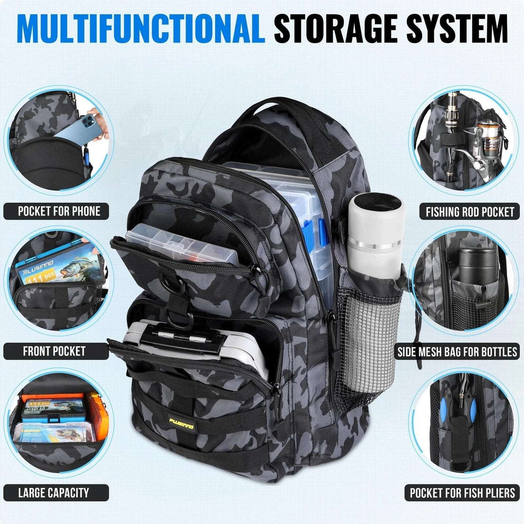 Plusinno Waterproof Fishing Backpack Tackle Bag, Rod, Reel, Net, 111PC Lure Kit+