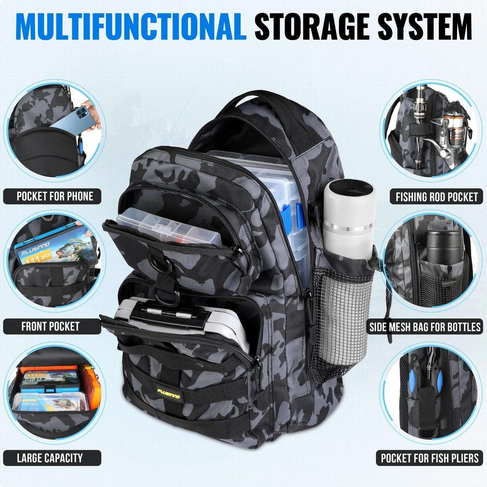Plusinno Waterproof Fishing Backpack Tackle Bag, Rod, Reel, Net, 111PC Lure Kit+