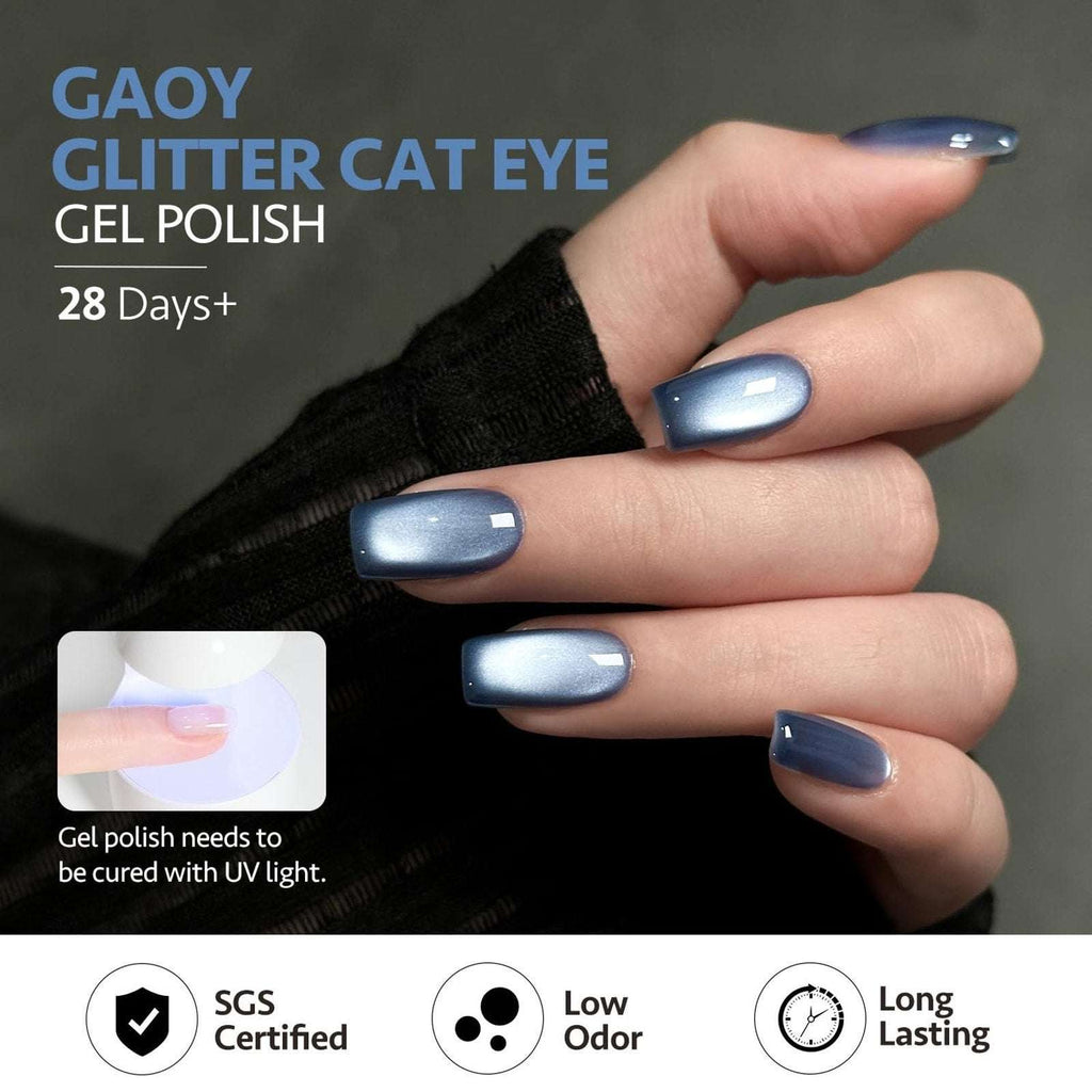 GAOY Jelly Blue Cat Eye Gel Nail Polish, 16ml Glitter Holographic - Stormy Sky