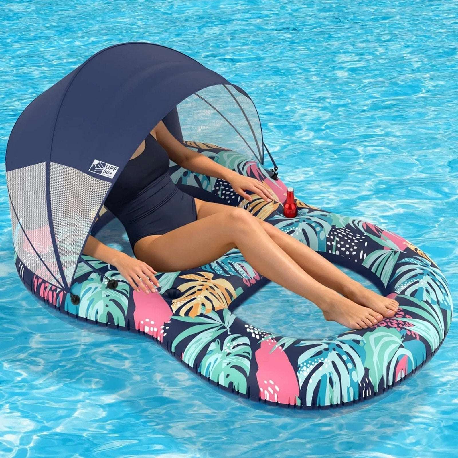 Pool Float w/ Canopy Inflatable Adult 60"x43" Lounger Raft w/ UPF 50+ Sunshade
