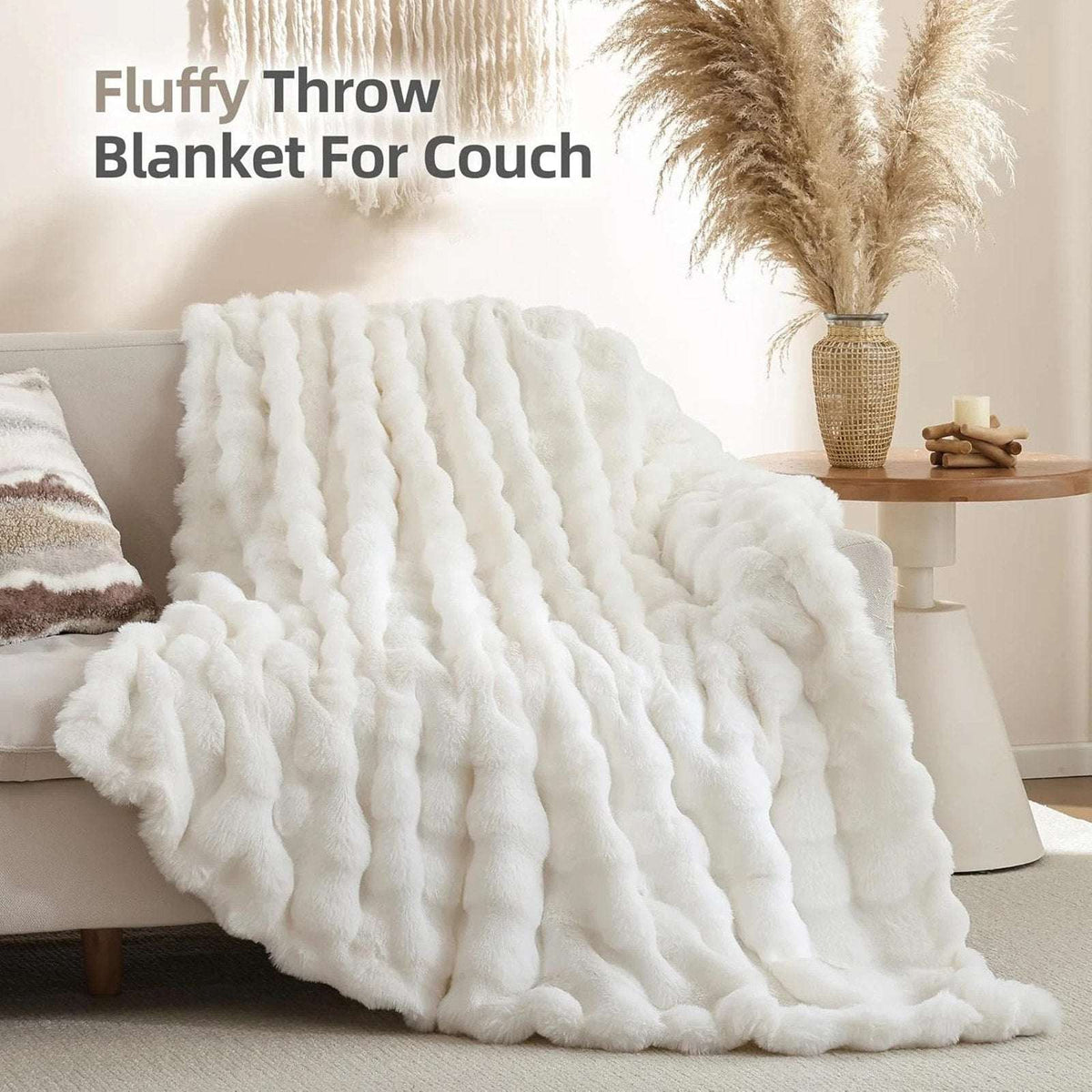 Faux Fur Throw Blanket – Cream White Fluffy Cozy Rabbit Fleece, Plush 50" x 60"