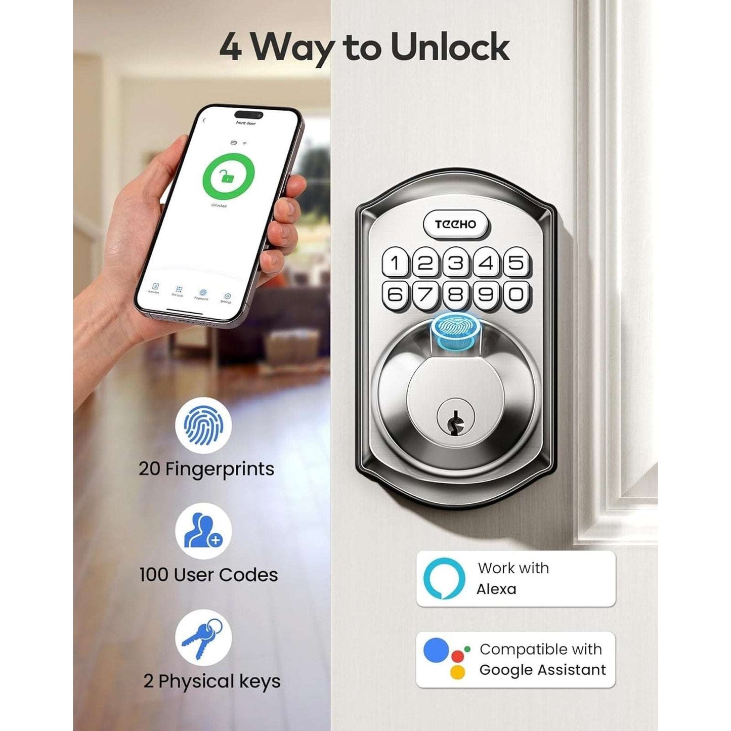 TEEHO Built-in WiFi Smart Lock TE012W Fingerprint Door Lock w App Control Remote