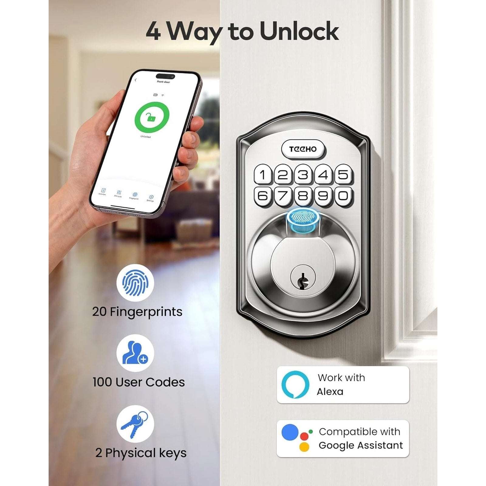 TEEHO Built-in WiFi Smart Lock TE012W Fingerprint Door Lock w App Control Remote