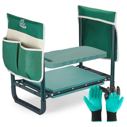 DEERFAMY 10.2"W Gardening Stool, Garden Kneeler Seat Tool Pouches 350lbs Green