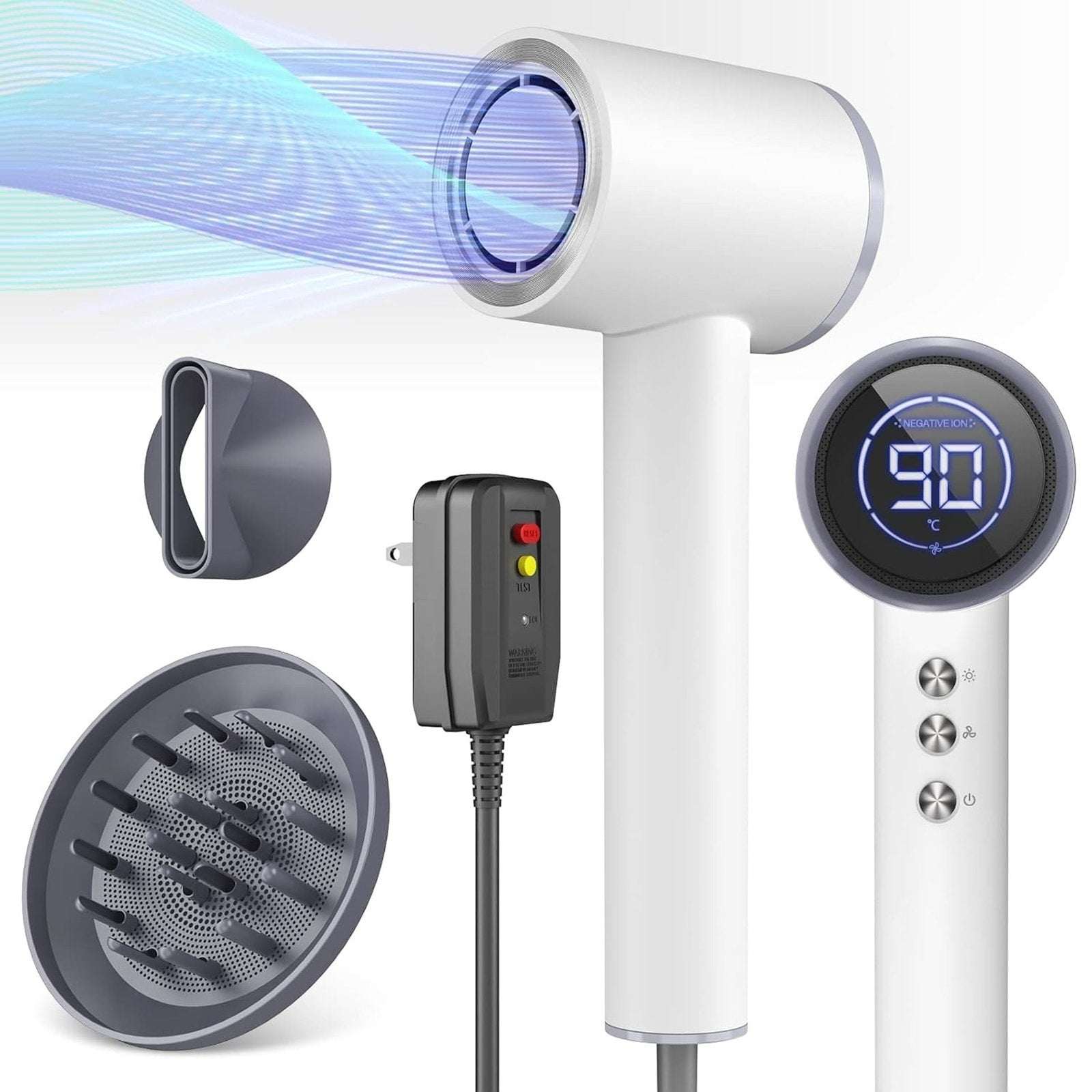 1600W High Speed Negative Ion Smart Hair Dryer 4Temp/3Speed 360° Magnetic Nozzle