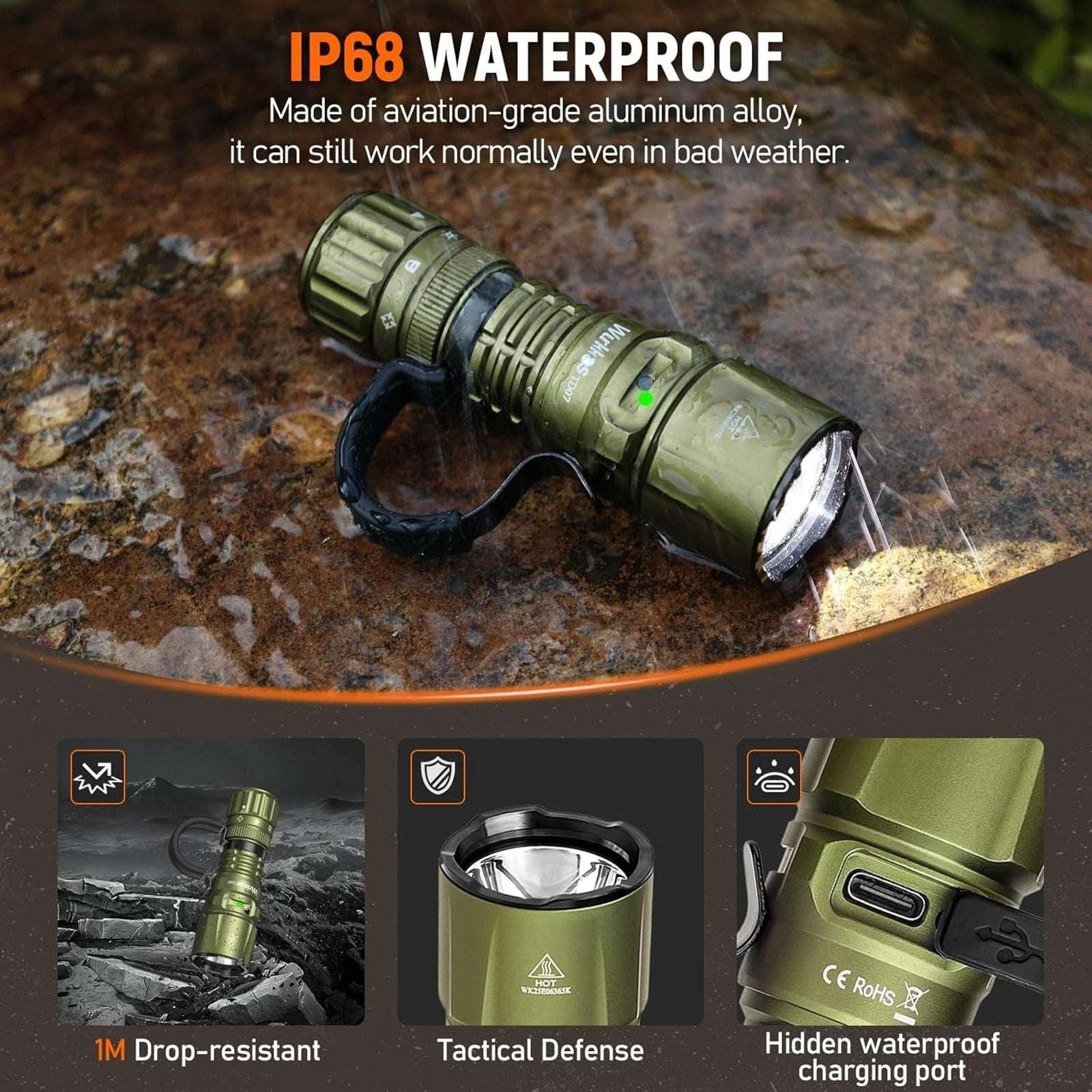 Wurkkos TD07 Led Torch Rechargeable 1300lm Waterproof Tactical Flashlight Olive