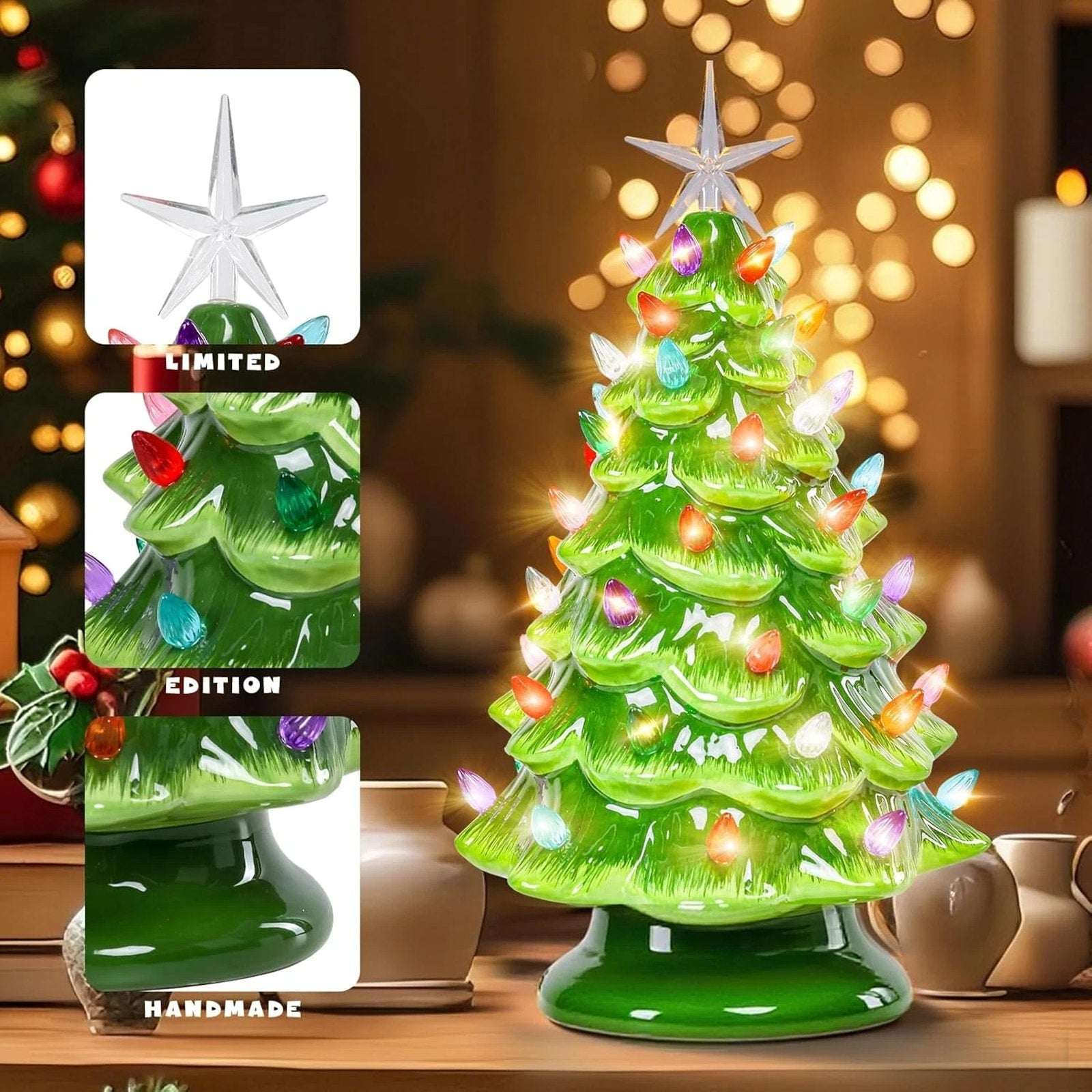 12.2" Ceramic Battery Operated Tabletop Christmas Tree with Multicolored Lights