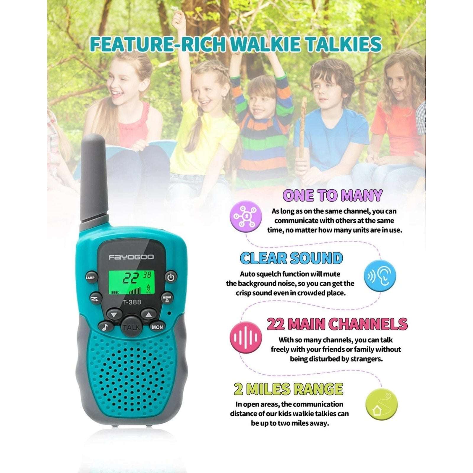 4 Pack Kids Walkie Talkies Long Range Family Walky Talky w/ Built-in Flashlight