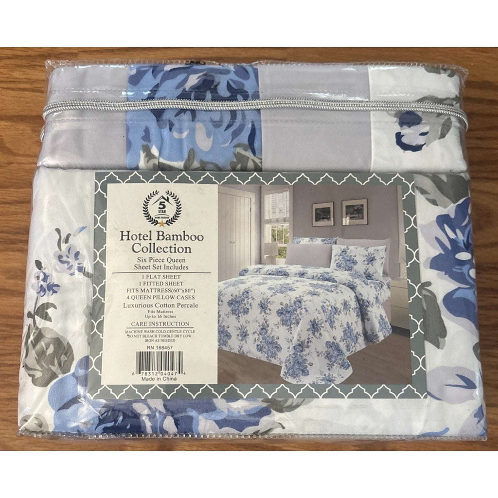Hotel Bamboo Collection 1800 6-Piece Queen Sheet Set Deep Pocket Blue Floral