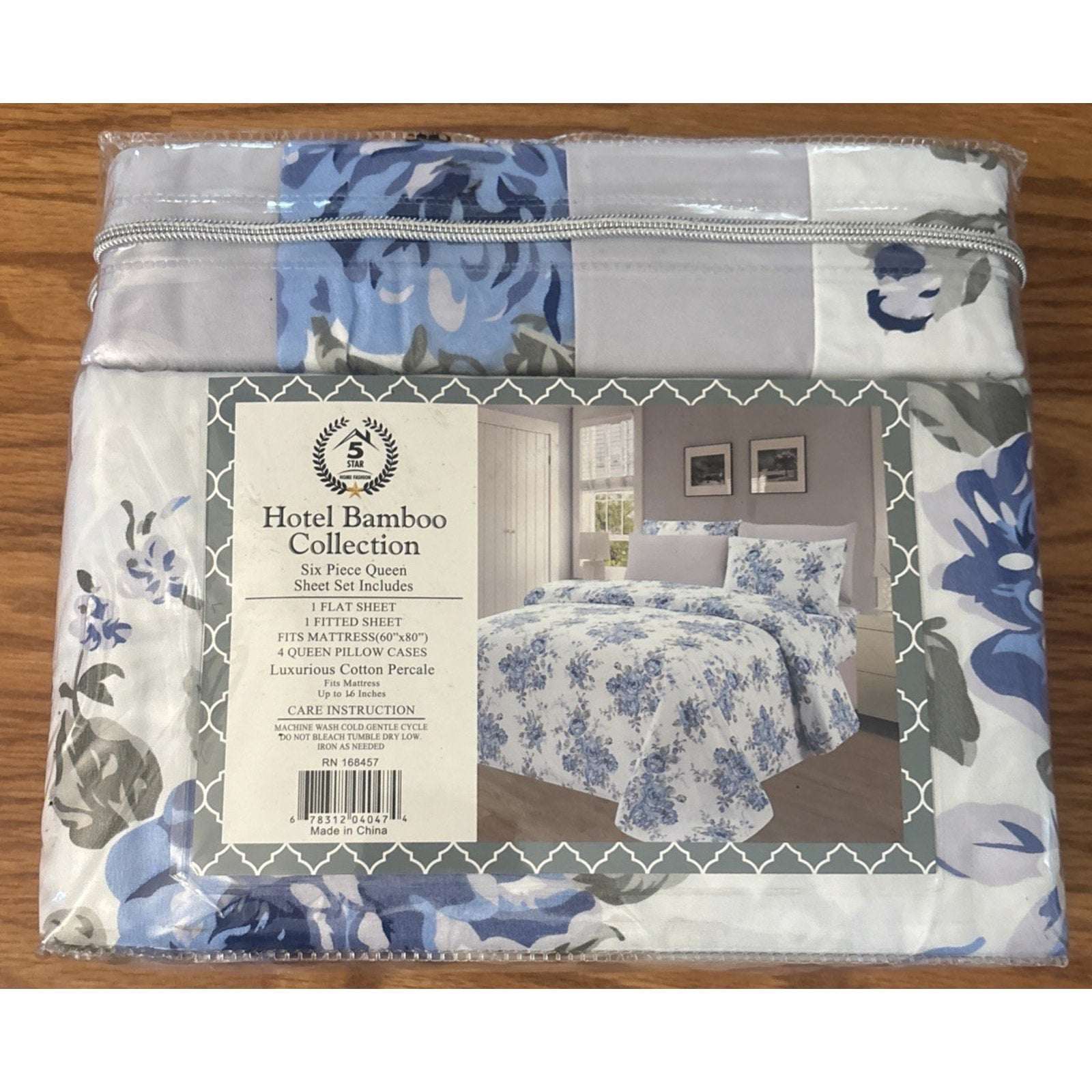 Hotel Bamboo Collection 1800 6-Piece Queen Sheet Set Deep Pocket Blue Floral