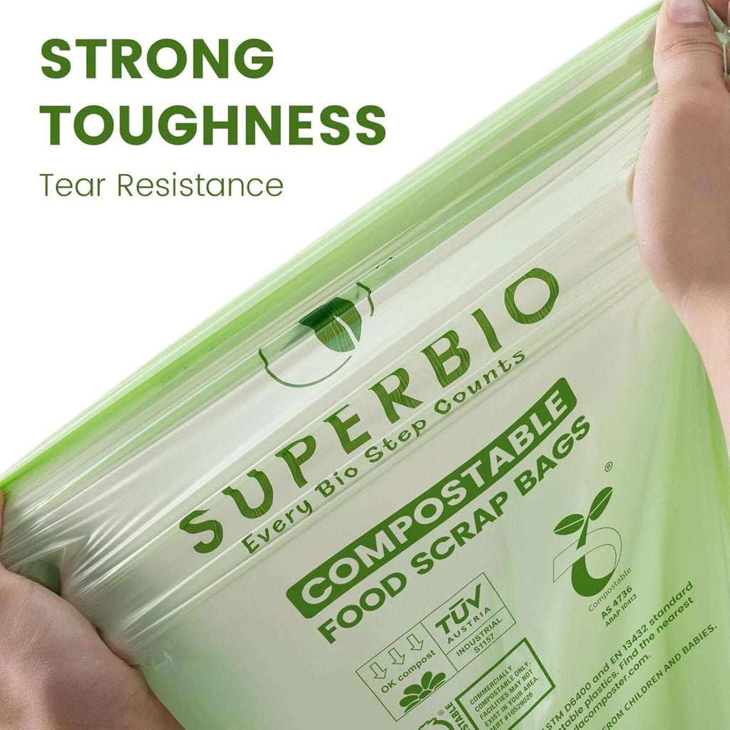 100Pk SUPERBIO 1.6 Gallon Handle Tie Compostable Food Scrap Bags Counter Top Bin