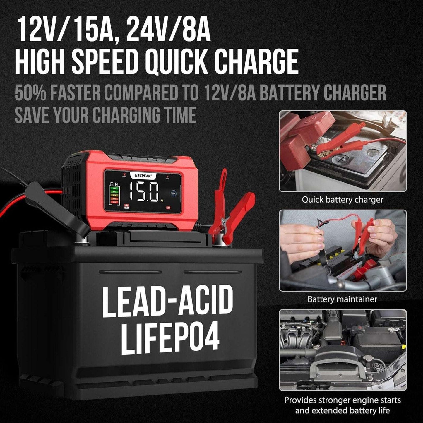NEXPEAK 15A Smart Battery Charger 12V 24V 9 Stage Trickle LiFePO4 Car Truck Boat