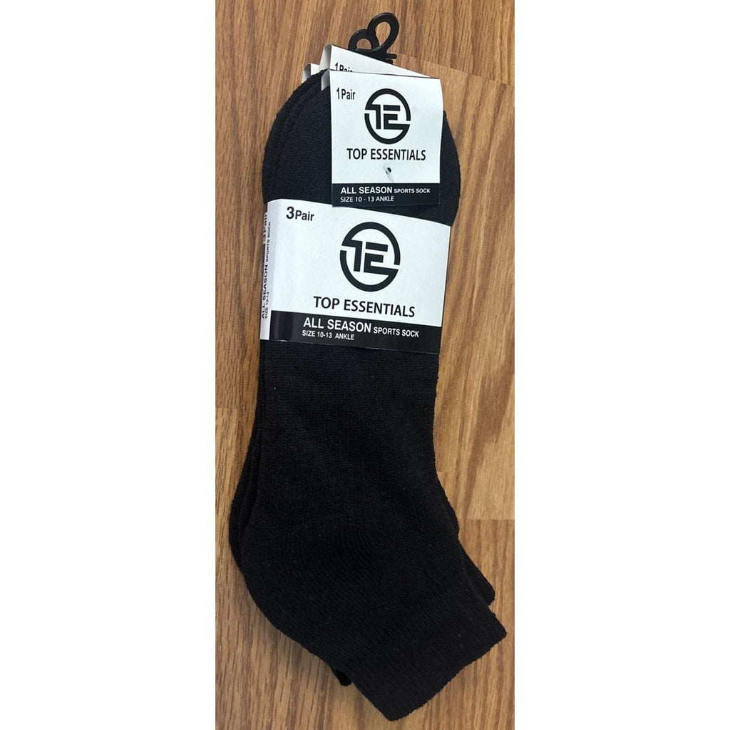 Top Essentials All Season Sport Ankle Socks Size 10-13 Men's Black 3 Pairs NWT