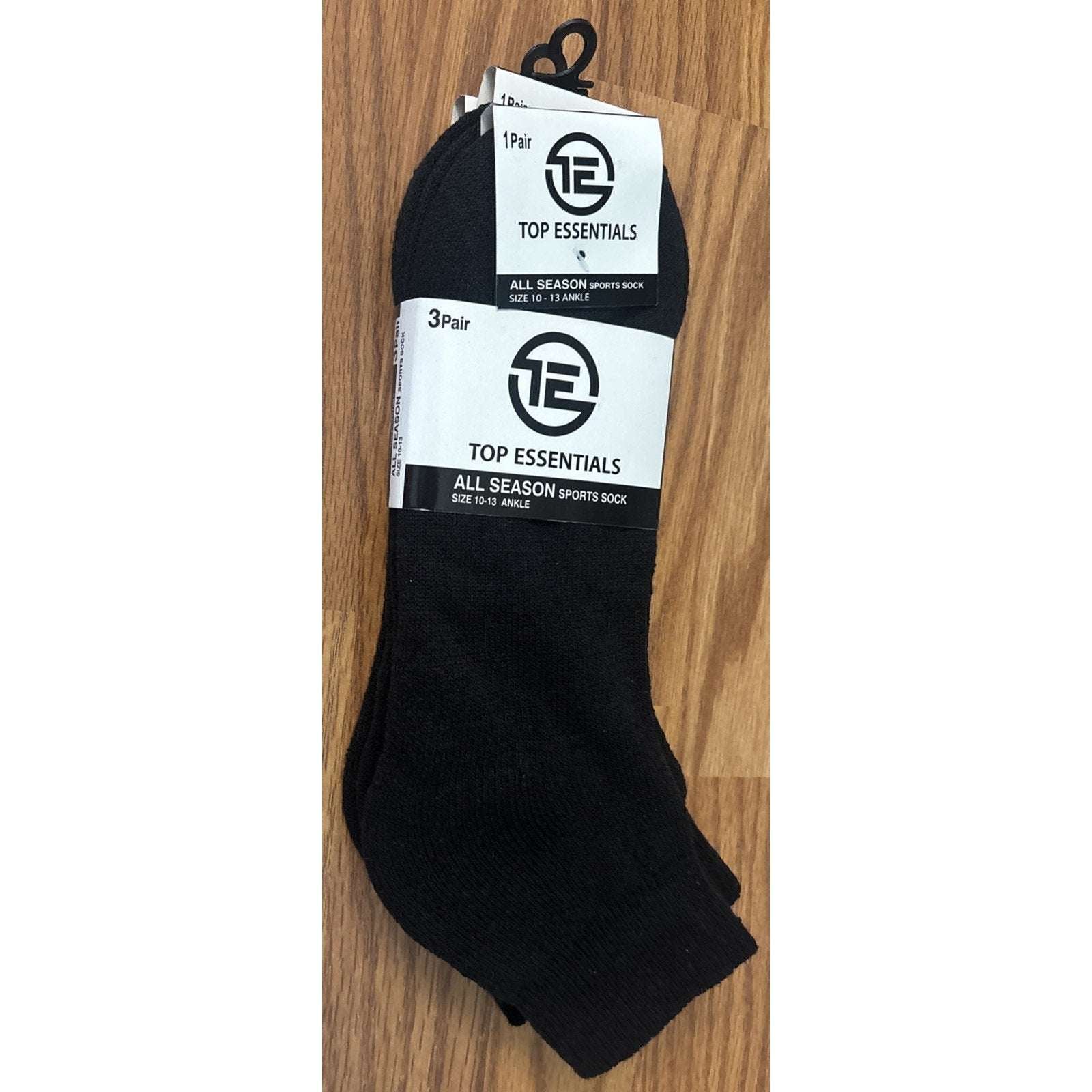Top Essentials All Season Sport Ankle Socks Size 10-13 Men's Black 3 Pairs NWT