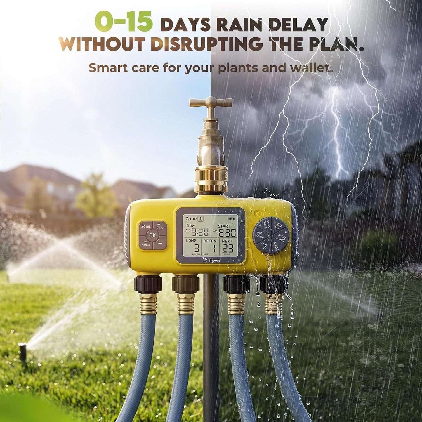 4-Zone Programmable Digital Smart Water Timer w/ Brass Inlet, Rain Delay, Anti-R
