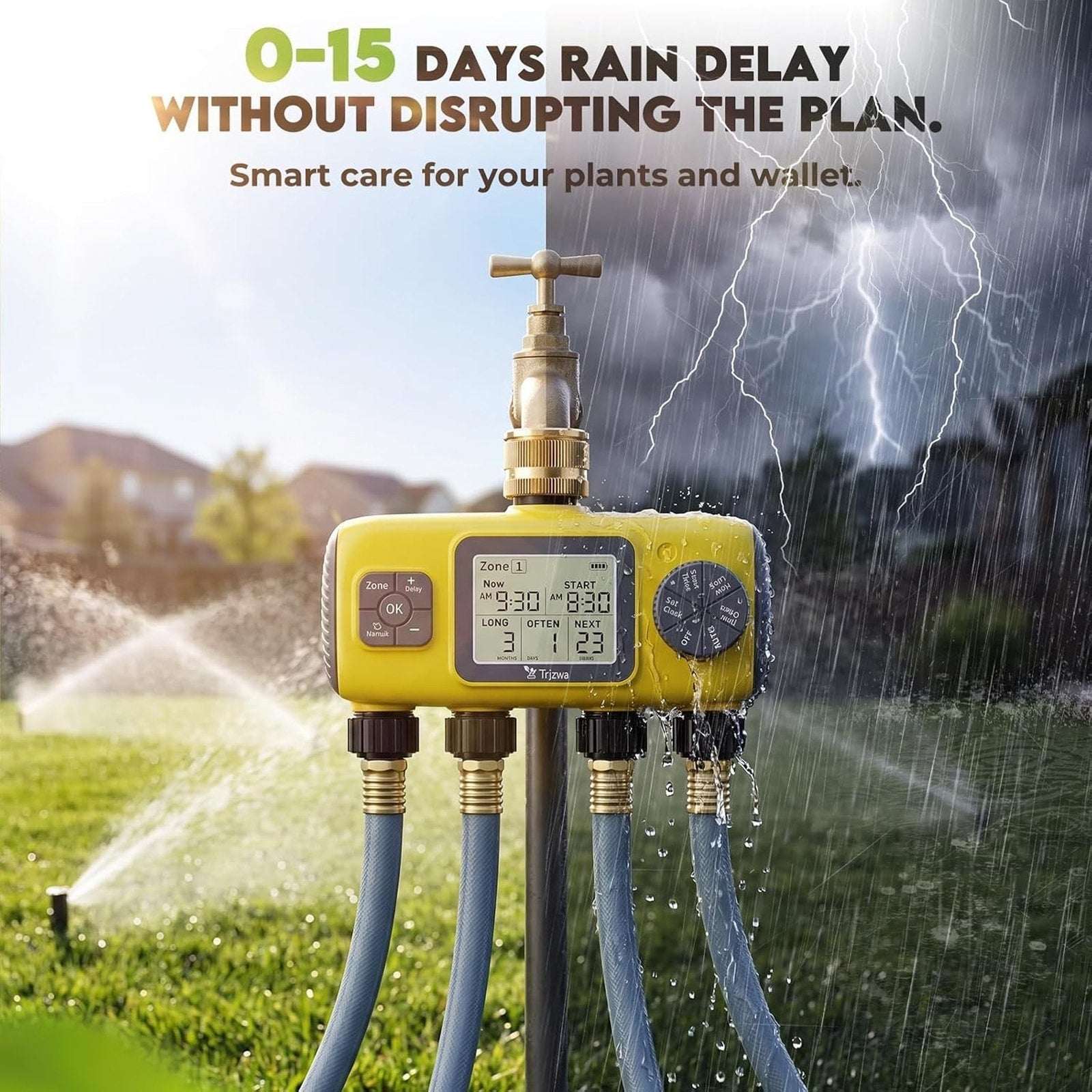 4-Zone Programmable Digital Smart Water Timer w/ Brass Inlet, Rain Delay, Anti-R