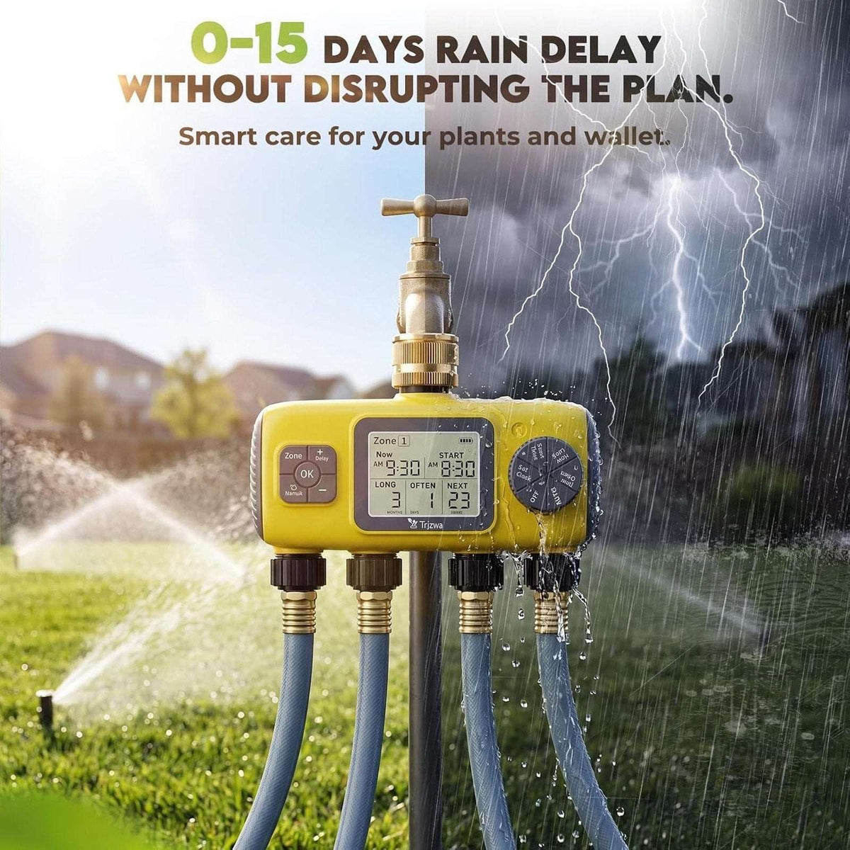 4-Zone Programmable Digital Smart Water Timer w/ Brass Inlet, Rain Delay, Anti-R