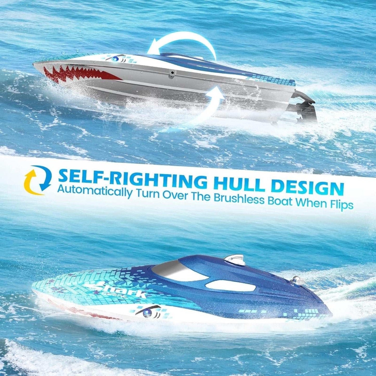 DEERC 2.4G RC Sink-Proof High Speed Racing Boat w/ LED Lights & Shark Graffiti