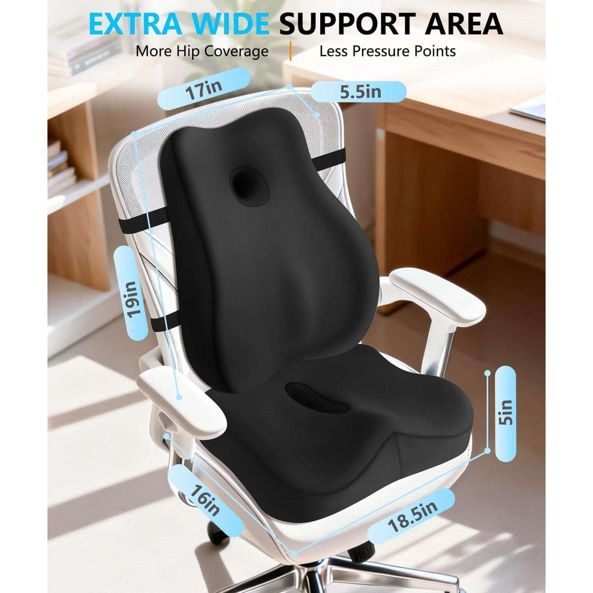 Ergonomic Memory Foam Back Support Pillow & Seat Cushion Lumbar to Coccyx Relief