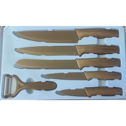 6Pc Culinary Knife Set Gold Straight Non Stick & Anti-Slip Soft Grip Wood Handle