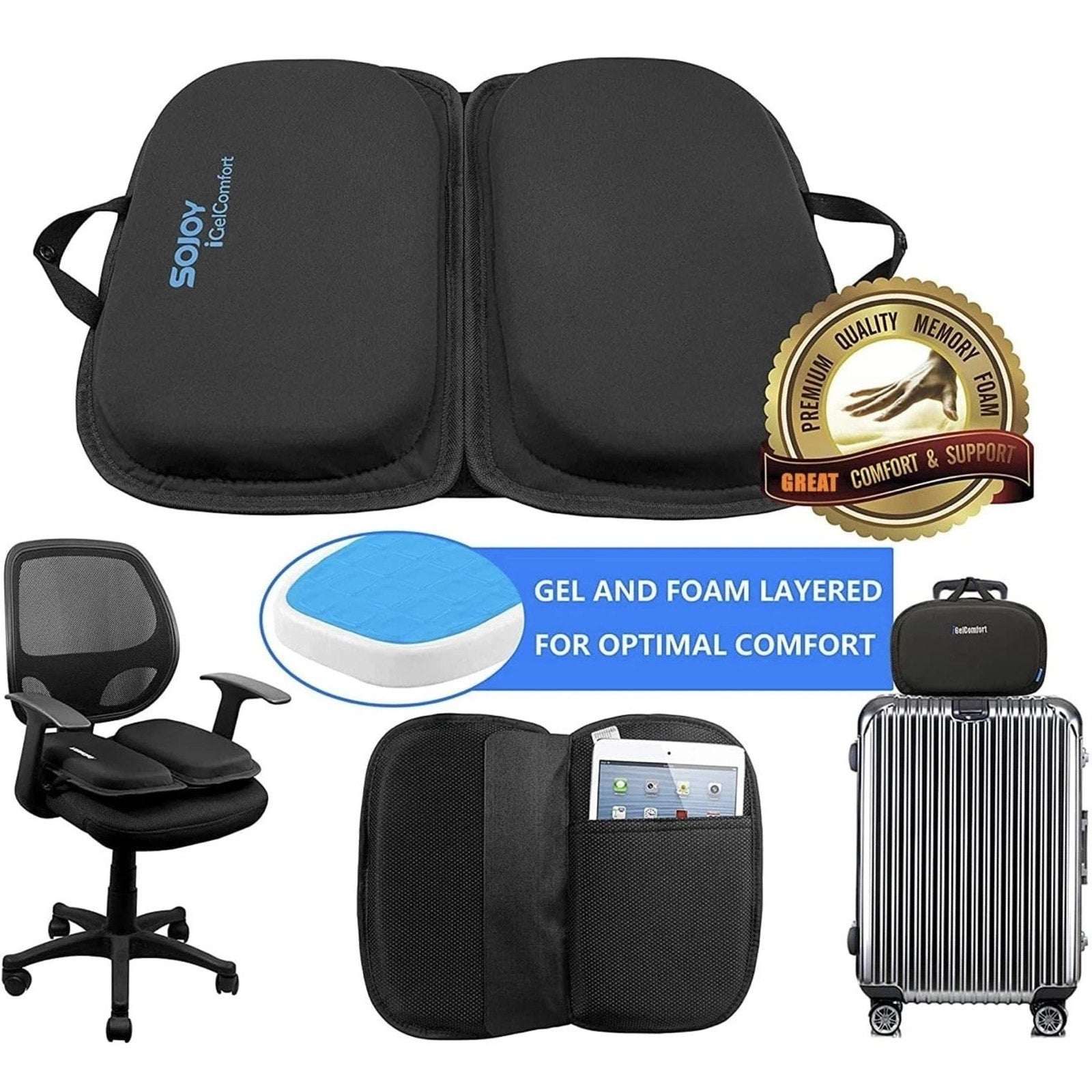 Sojoy iGelComfort 3 in 1 Foldable Gel Seat Cushion w/ Memory Foam 18.5"x15"x2"
