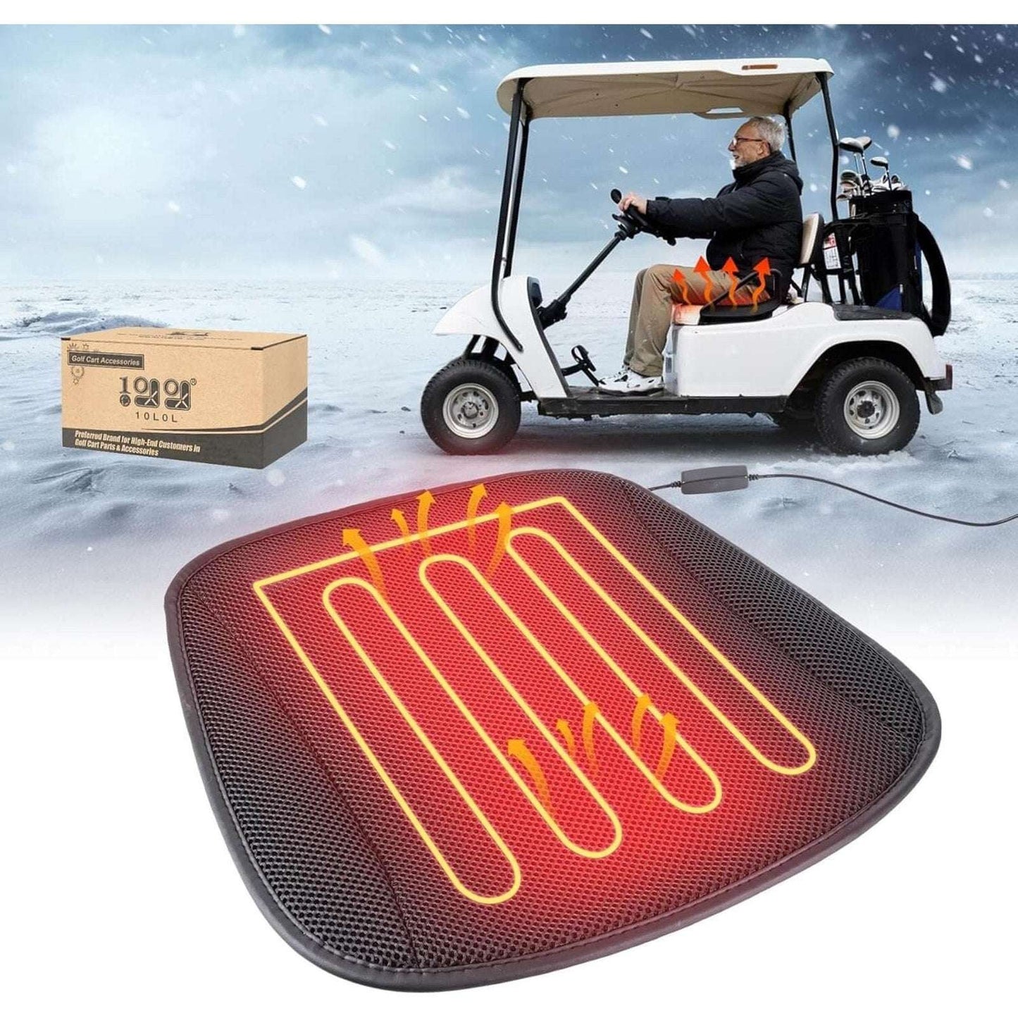 10L0L Universal Golf Cart Heated Seat Cushion 3 Heat Levels & Auto-Off Black/Red